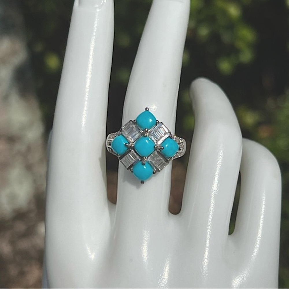 Arizona Sleeping Beauty Turquoise and Zircon Checkered Sterling Silver R… - Picture 3 of 14